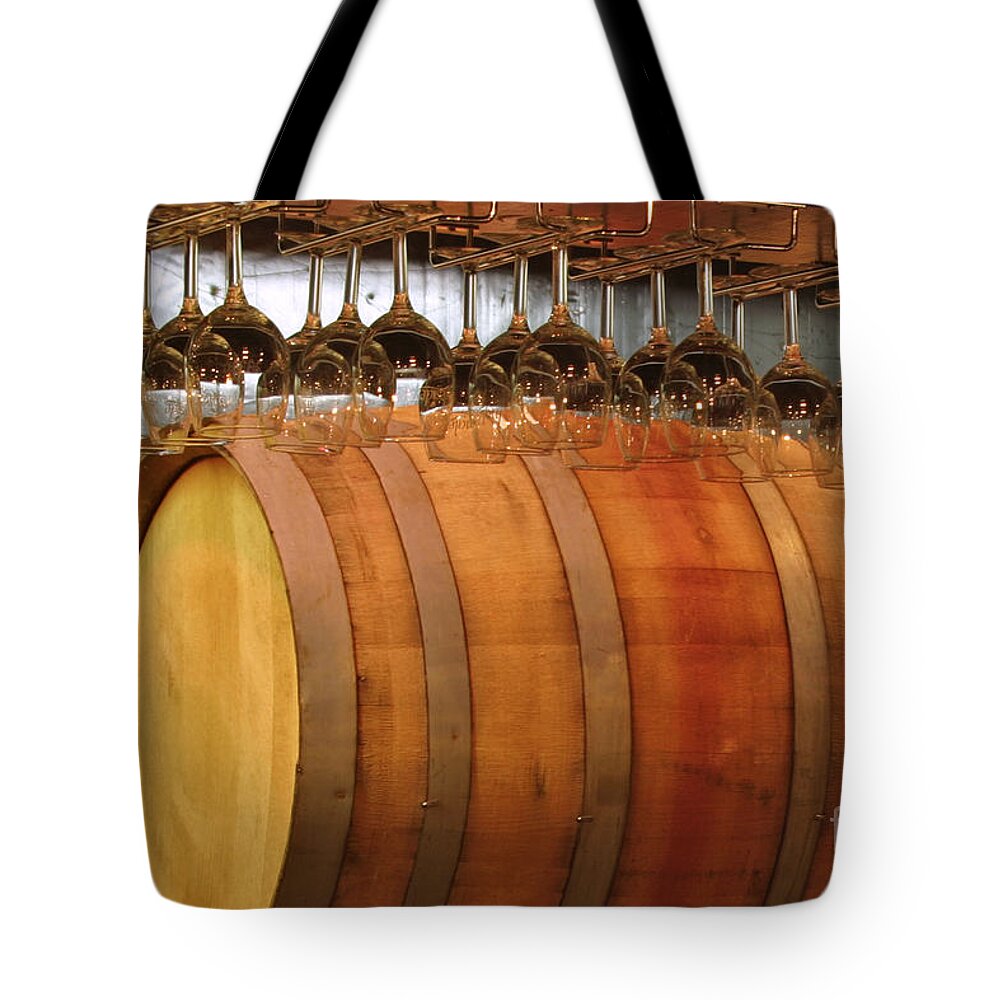 Vineyard Tote Bag featuring the photograph Tasting Room Barrels by Kathy Strauss
