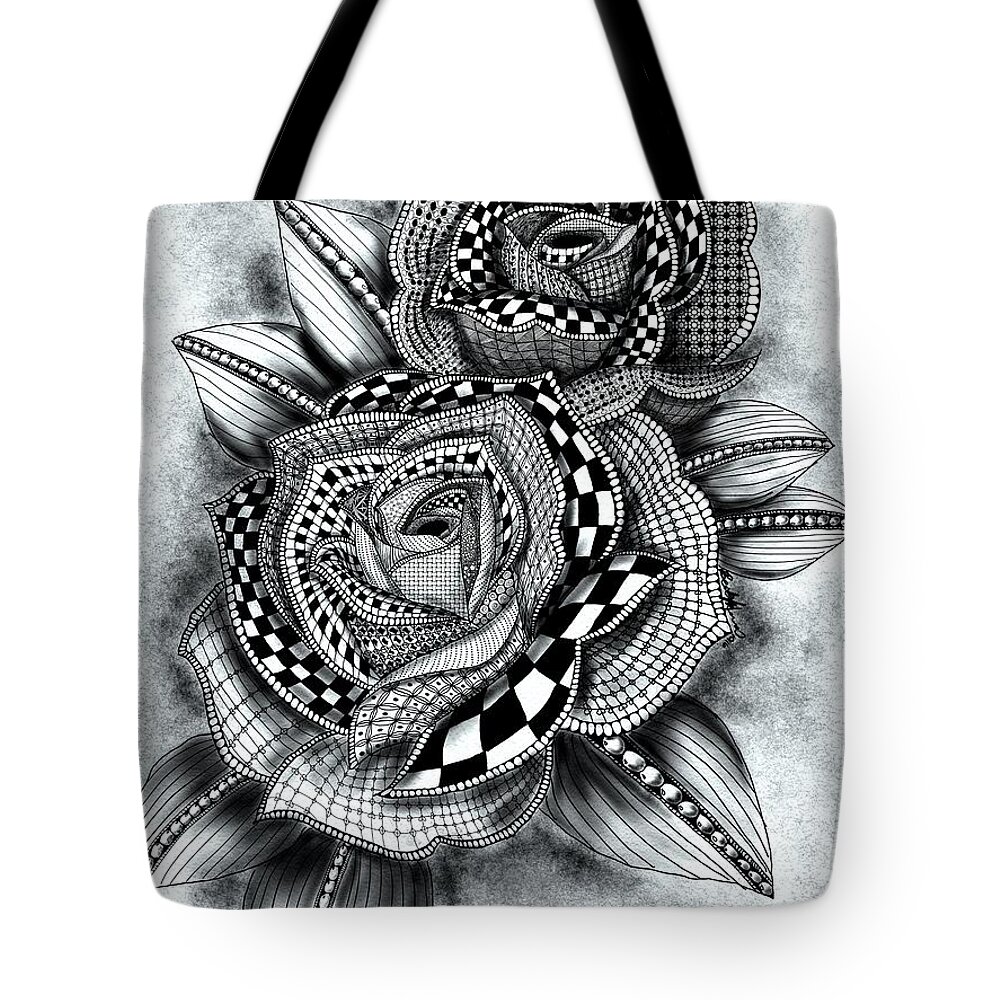 Tattoo Rose. Rose Tote Bag featuring the drawing Tattoo Rose Greyscale by Becky Herrera