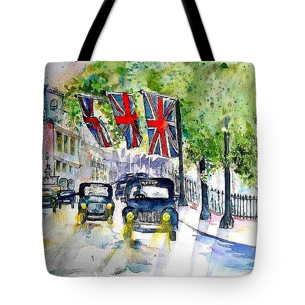 London Street Foggy Day In London Tote Bag featuring the painting Taxi? by Esther Woods