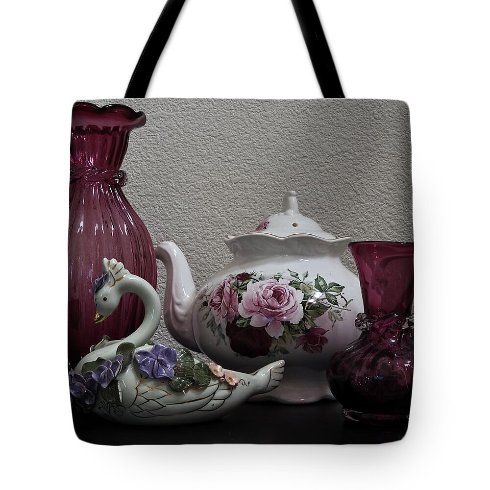 Tea Pot Tote Bag featuring the photograph Tea Pot and Cranberry Glass by Richard Thomas