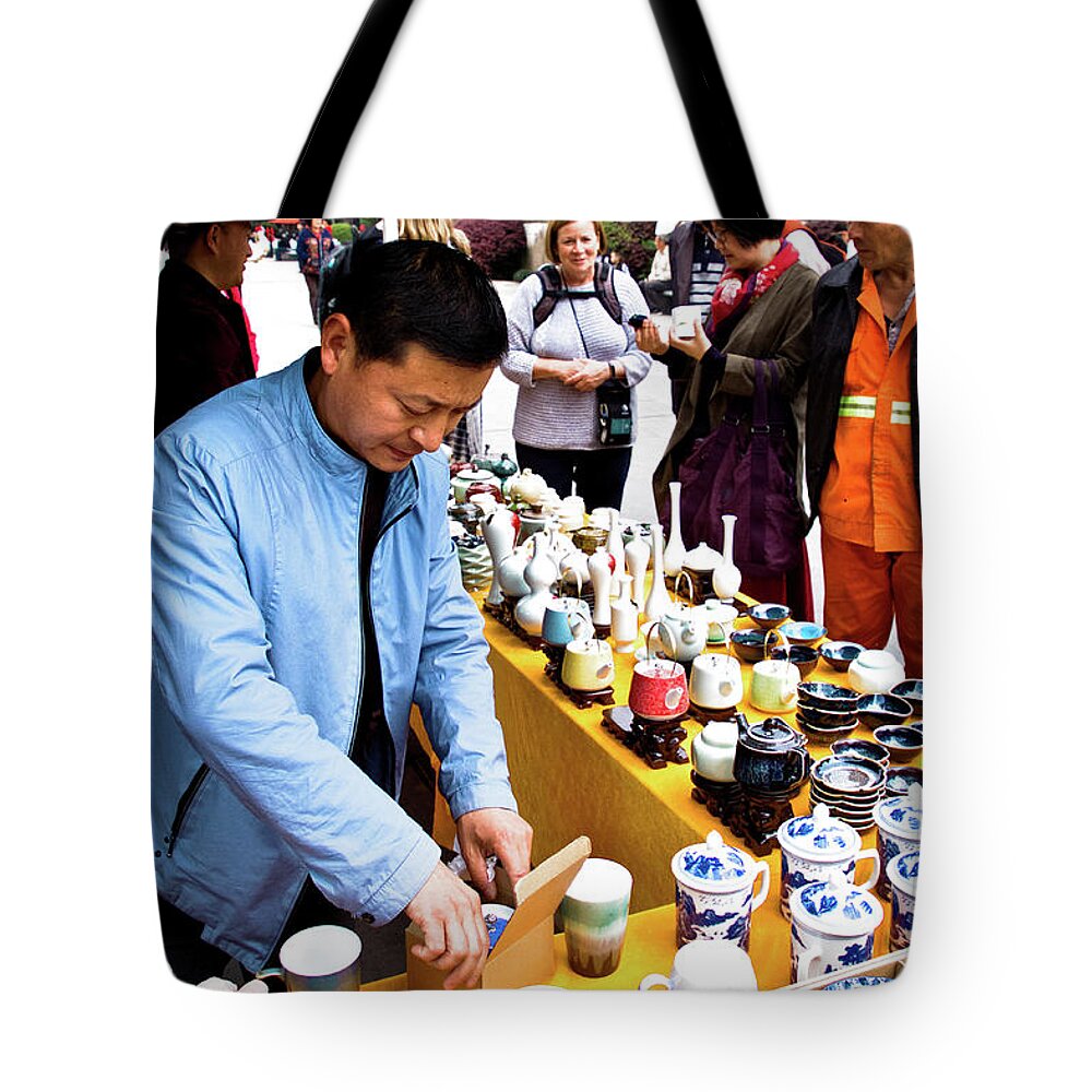Vendors Tote Bag featuring the photograph Tea Pots for Sale by George Taylor
