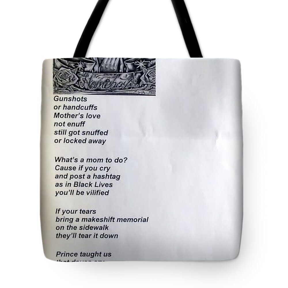 Black Art Tote Bag featuring the drawing Tears of the Mothers Paintoem by Donald 'C-Note' Hooker and Edgar Aguirre