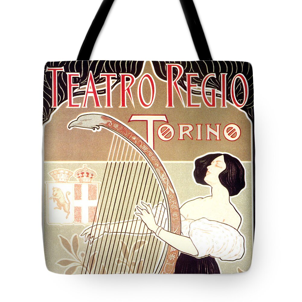 Teatro Regio Tote Bag featuring the mixed media Teatro Regio - Torino, Italy - Girl playing a harp - Vintage Art Nouveau Advertising Poster by Studio Grafiikka