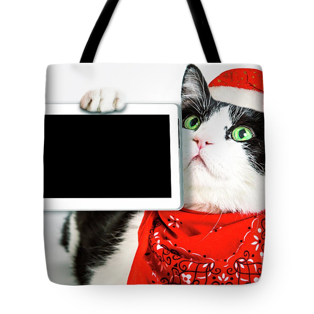 Cat Tote Bag featuring the photograph Technology christmas Cat by Benny Marty