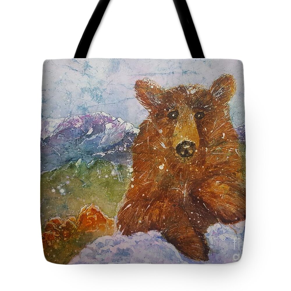 Garden Of The Gods Tote Bag featuring the painting Teddy wakes up in the most desireable city in the nation by Carol Losinski Naylor