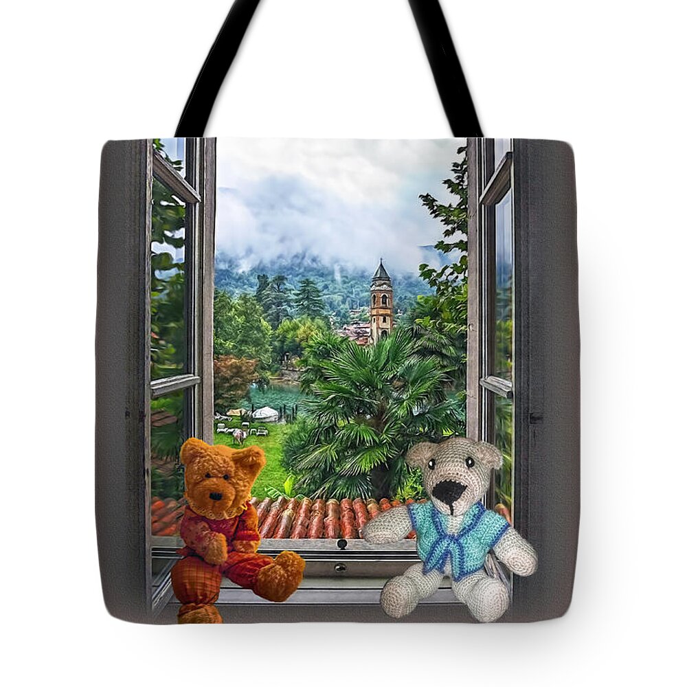 Bears Tote Bag featuring the photograph Teddy's Window Chat by Hanny Heim