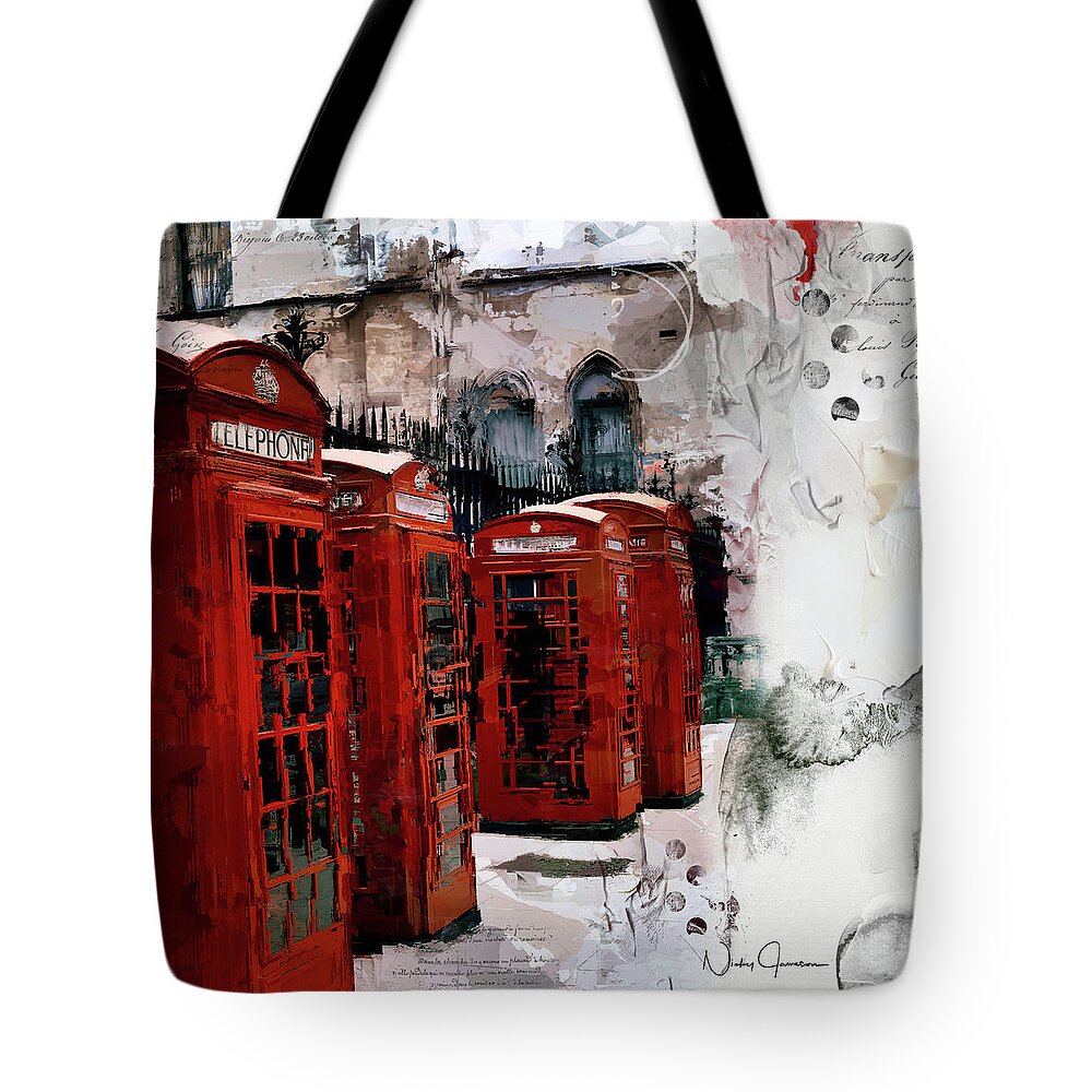 London Tote Bag featuring the digital art Telephone Boxes by Nicky Jameson