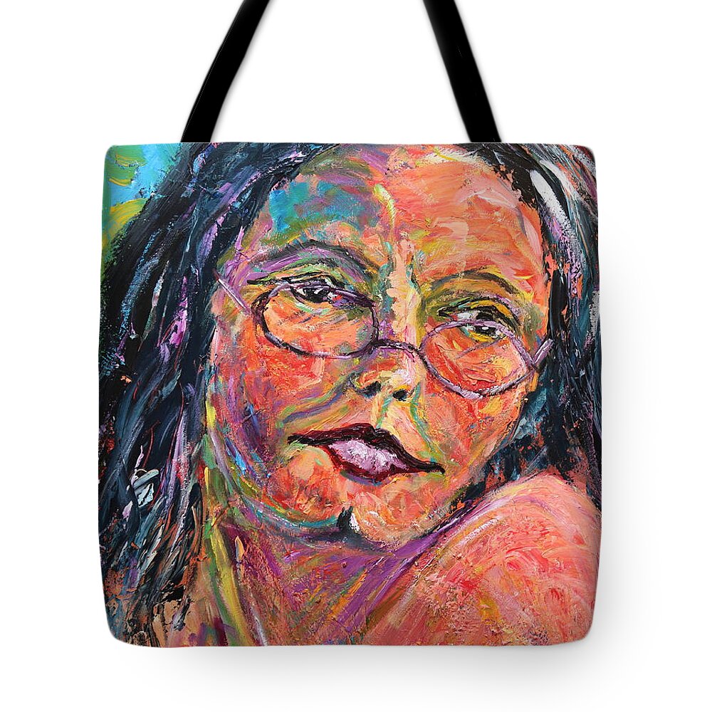 Portrait Tote Bag featuring the painting Tell me more by Madeleine Shulman