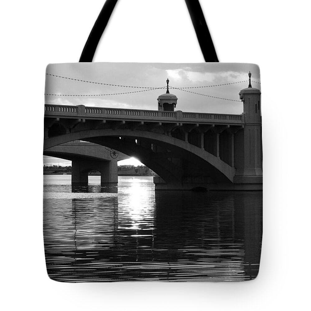 Black And White Tote Bag featuring the photograph Tempe Town Lake Bridge black and white by Jill Reger