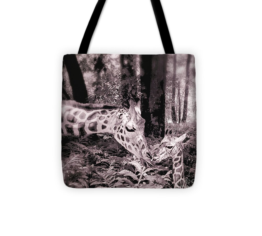 Giraffe Baby And Mother Kissing Tote Bag featuring the photograph Tender Are The Moments Where Love Embraces Time Sepia Print by Mary Lou Chmura