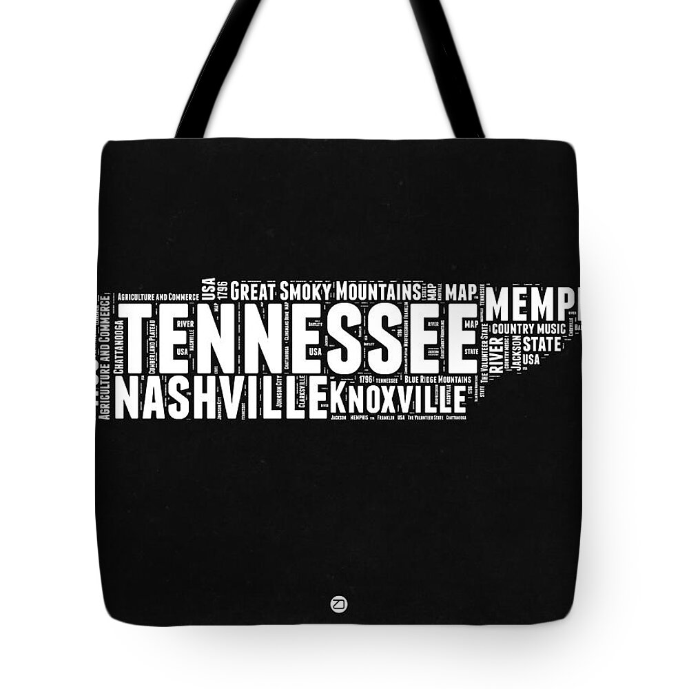 Tennessee Tote Bag featuring the digital art Tennessee Black and White Word Cloud Map by Naxart Studio