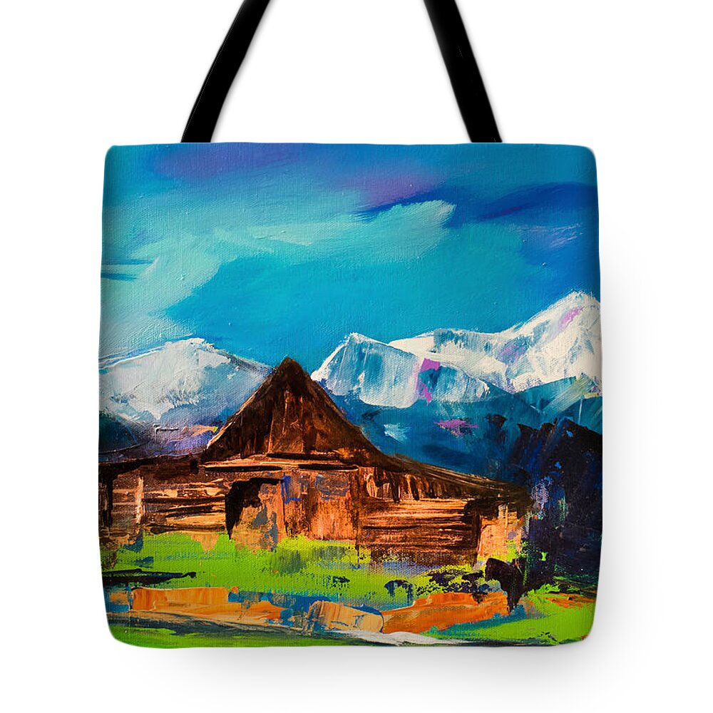 Barn Tote Bag featuring the painting Teton Barn by Elise Palmigiani