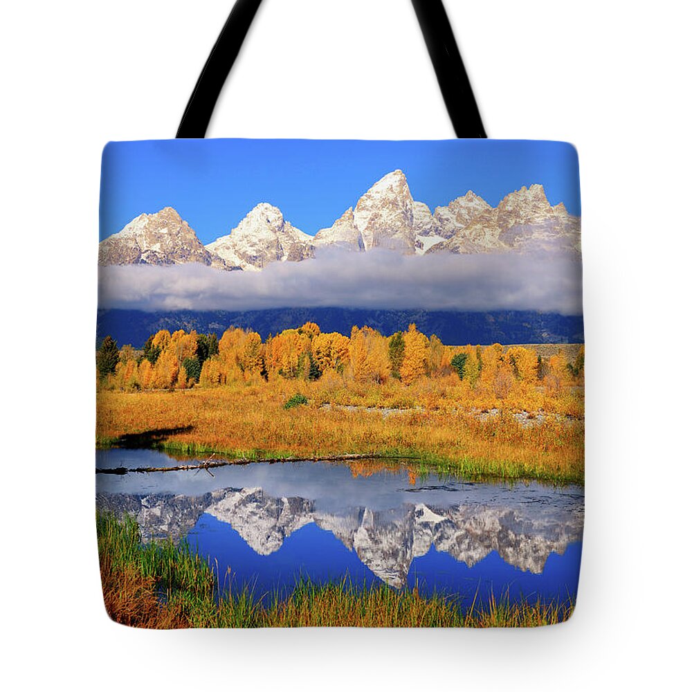 Tetons Tote Bag featuring the photograph Teton Peaks Reflections by Greg Norrell
