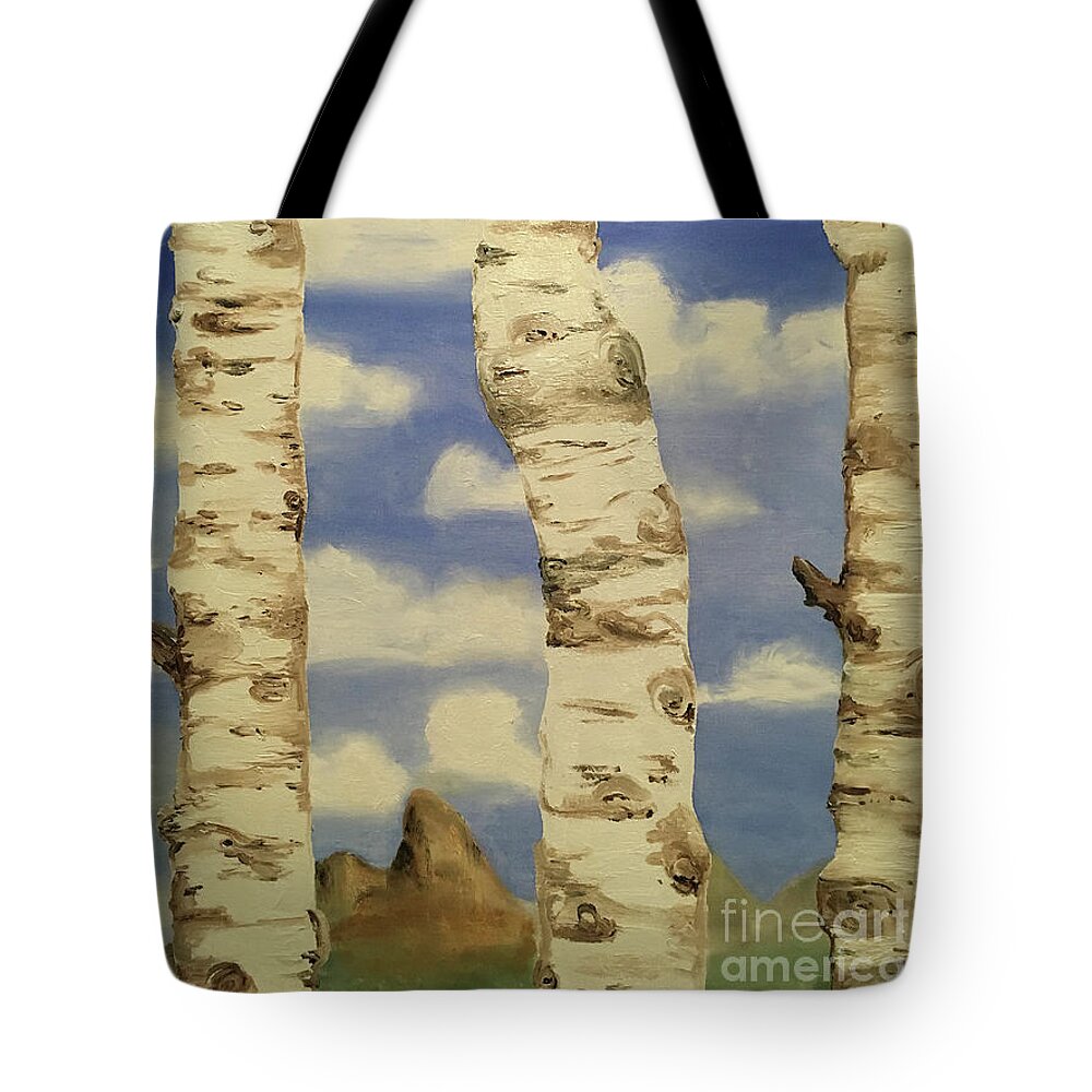 Aspens Tote Bag featuring the painting Teton View thru Aspens by Shelley Myers