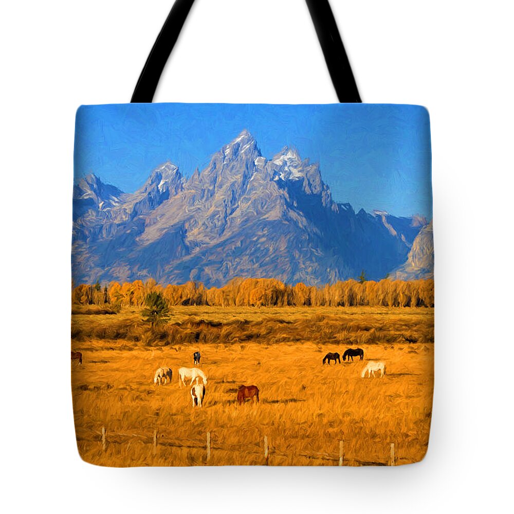 Tetons Tote Bag featuring the photograph Tetons and Horses by Greg Norrell