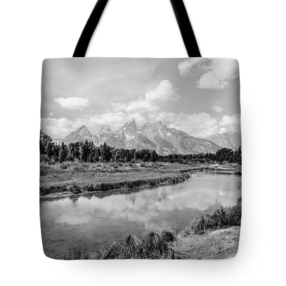 Grand Tetons Tote Bag featuring the photograph Tetons at Schwabacher Landing Monochrome by Margaret Pitcher