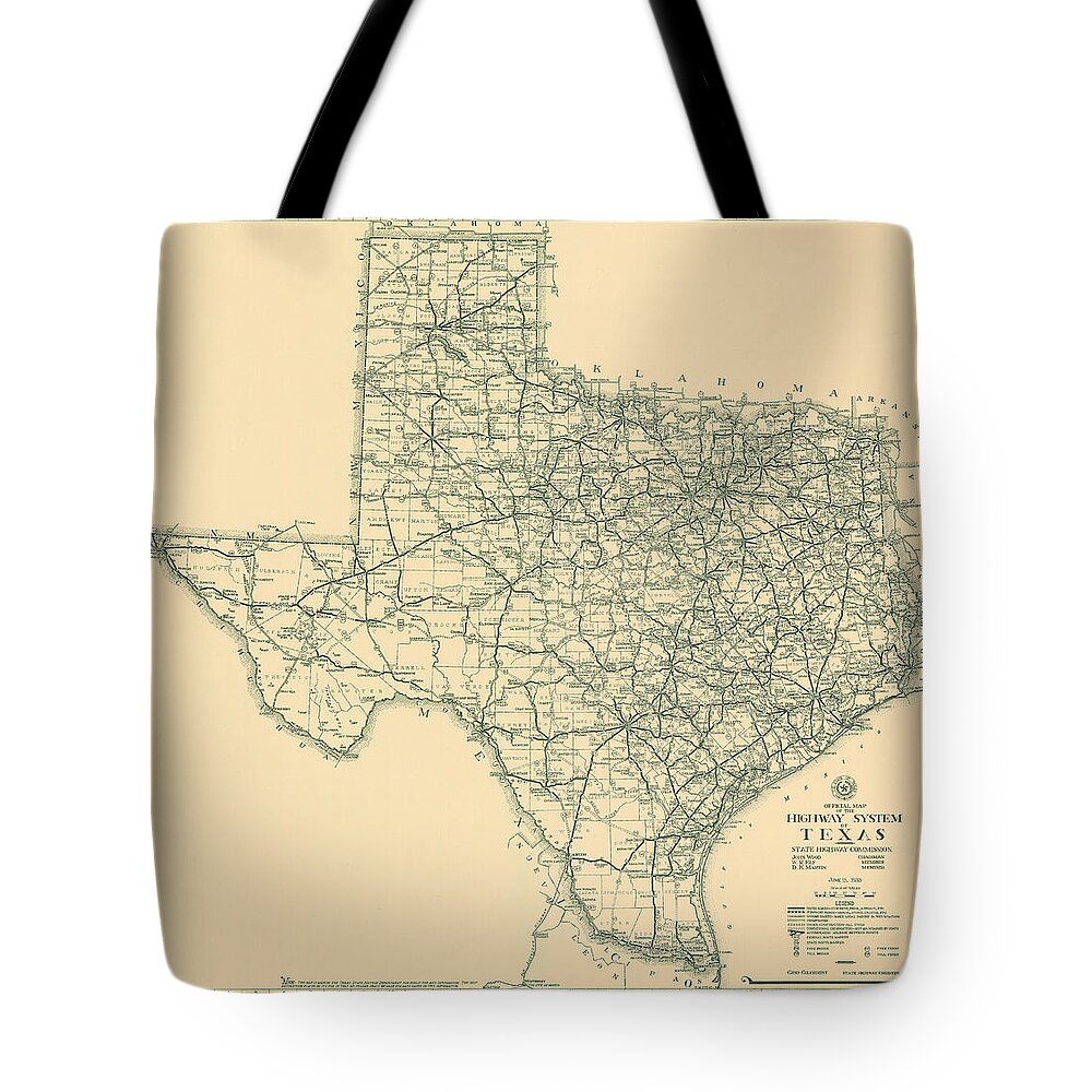 Map Tote Bag featuring the digital art Texas 1933, Texas Highway Department by Texas Map Store