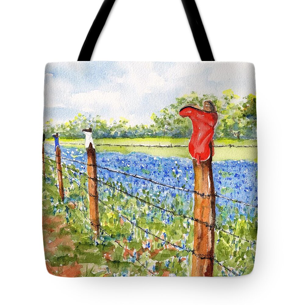 Texas Tote Bag featuring the painting Texas Bluebonnets Boot Fence by Carlin Blahnik CarlinArtWatercolor