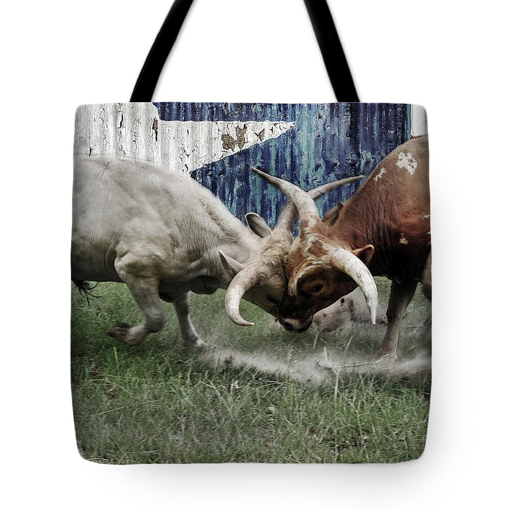 Texas Tote Bag featuring the digital art Texas Bull Fight by Brad Thornton