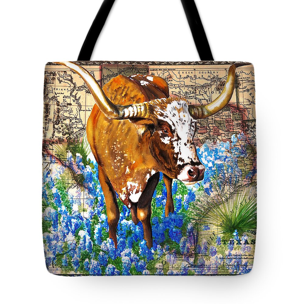 Texas Tote Bag featuring the painting Texas Longhorn in Bluebonnets by Daniel Adams