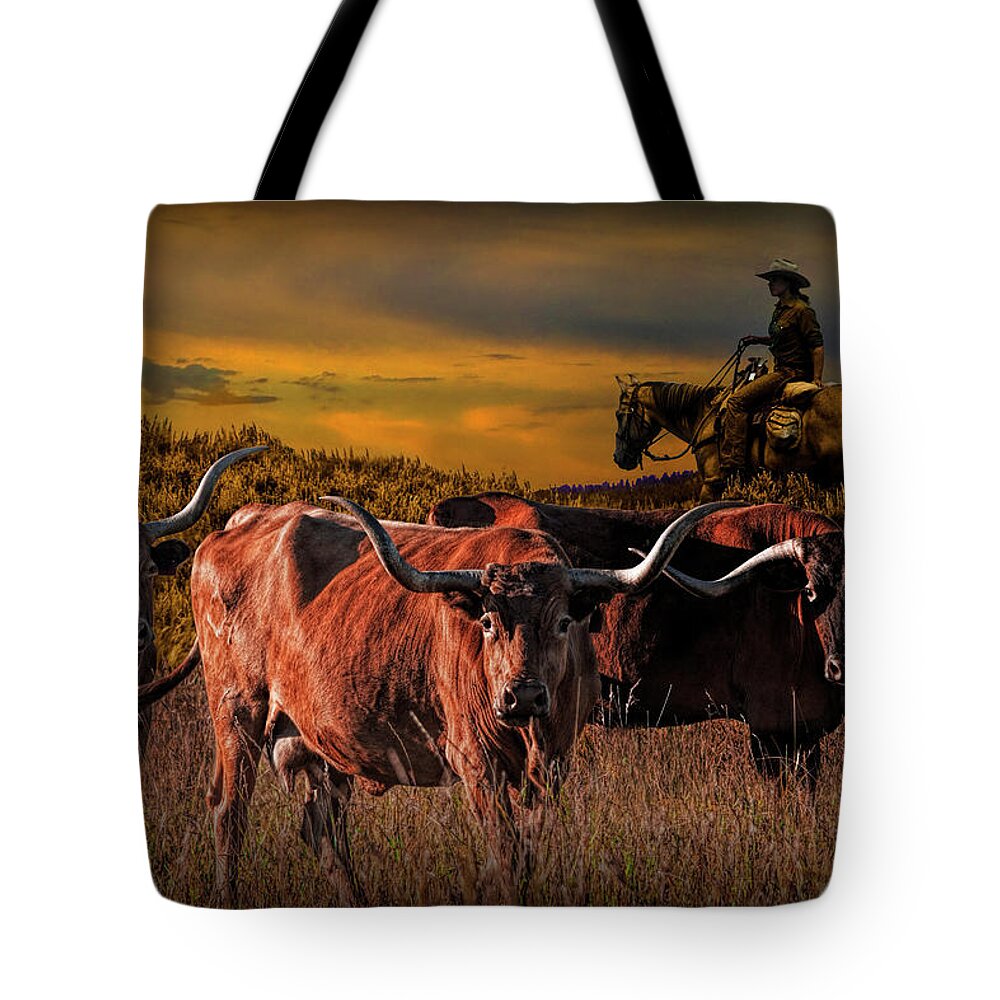 Longhorn Tote Bag featuring the photograph Texas Longhorn Steers and Cowboy at Sunset by Randall Nyhof