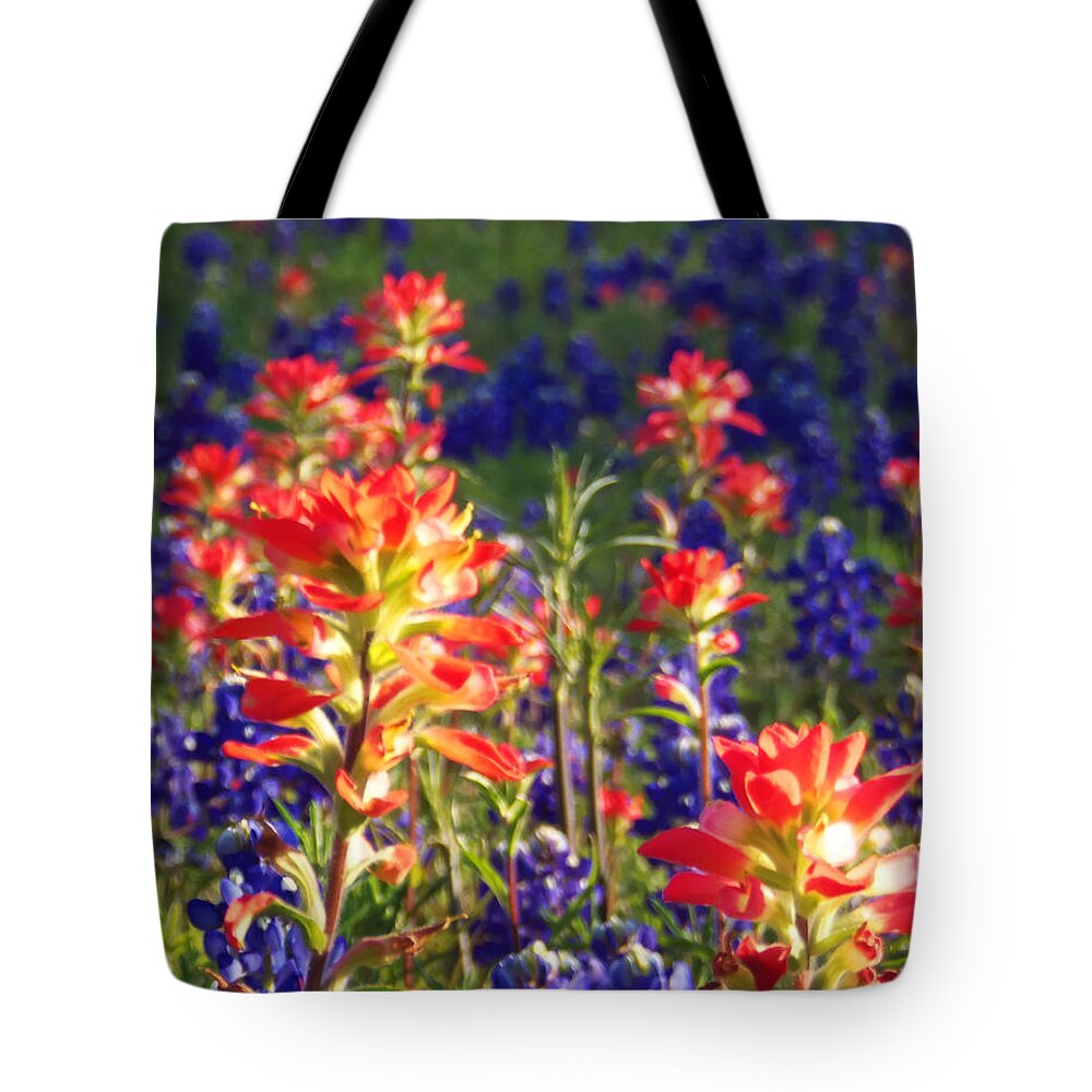 Wildflower Photo Prints Tote Bag featuring the photograph Texas Paintbrush Party by Karen Kennedy Chatham