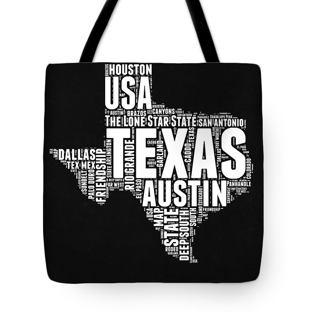  Tote Bag featuring the digital art Texas Word Cloud Black and White Map by Naxart Studio