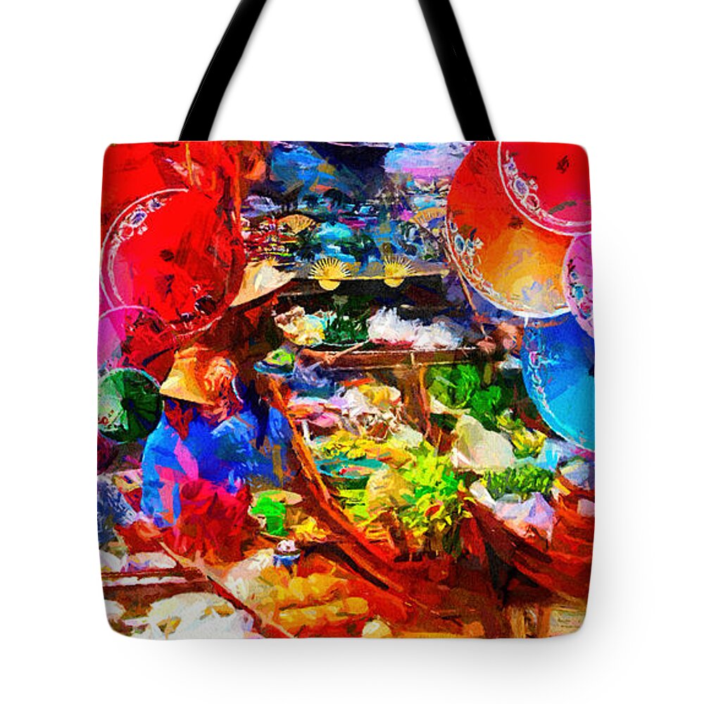 Thai Floating Market Tote Bag featuring the painting Thai Floating Market by Mo T