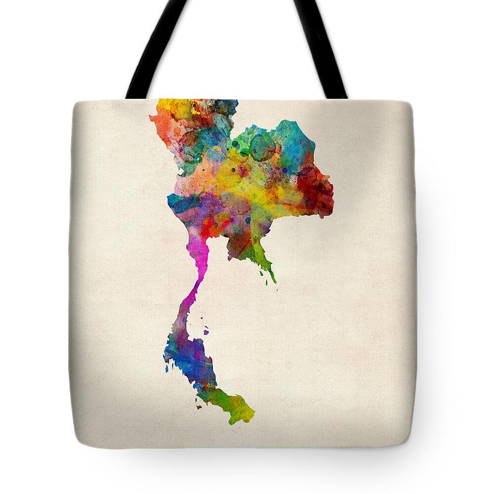 Map Art Tote Bag featuring the digital art Thailand Watercolor Map by Michael Tompsett