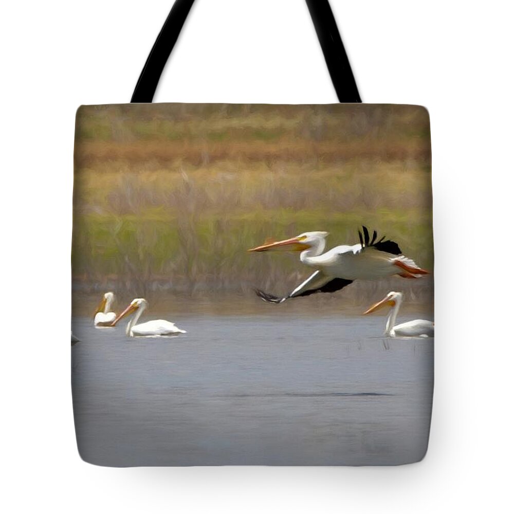 American White Pelican Tote Bag featuring the digital art The American White Pelicans by Ernest Echols