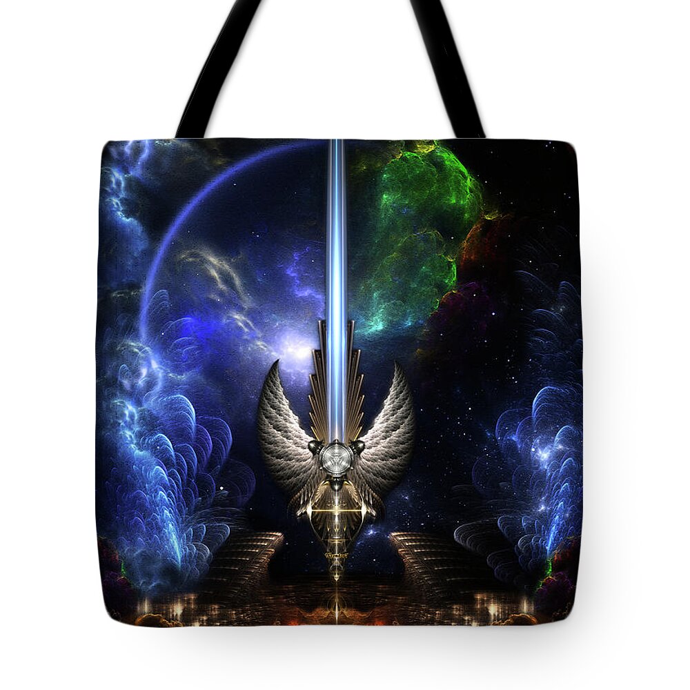 Angel Wing Sword Of Arkledious Tote Bag featuring the digital art The Angel Wing Sword Of Arkledious Space Fractal Art Composition by Rolando Burbon