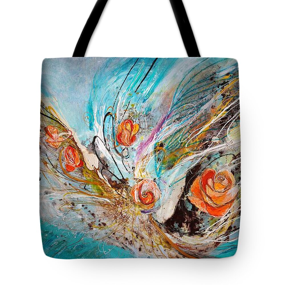 Modern Jewish Art Tote Bag featuring the painting The Angel Wings #10. The five roses by Elena Kotliarker