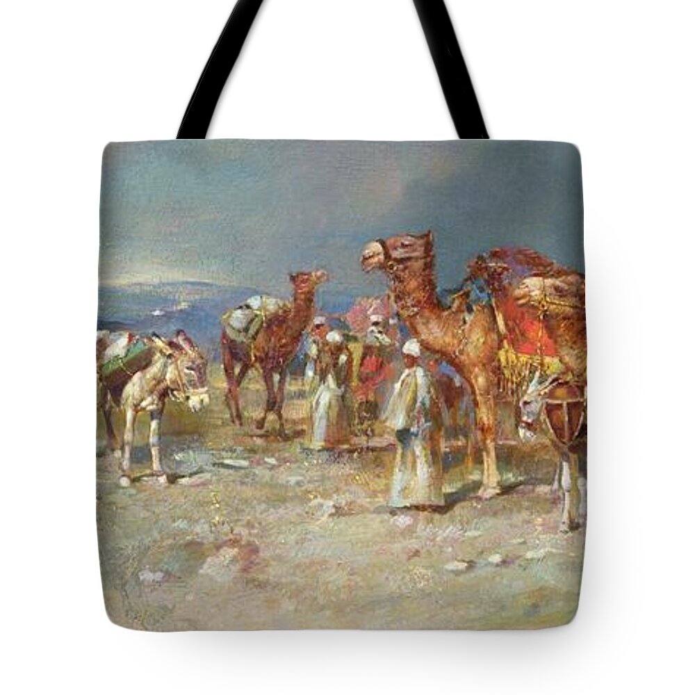 The Tote Bag featuring the painting The Arab Caravan  by Italian School
