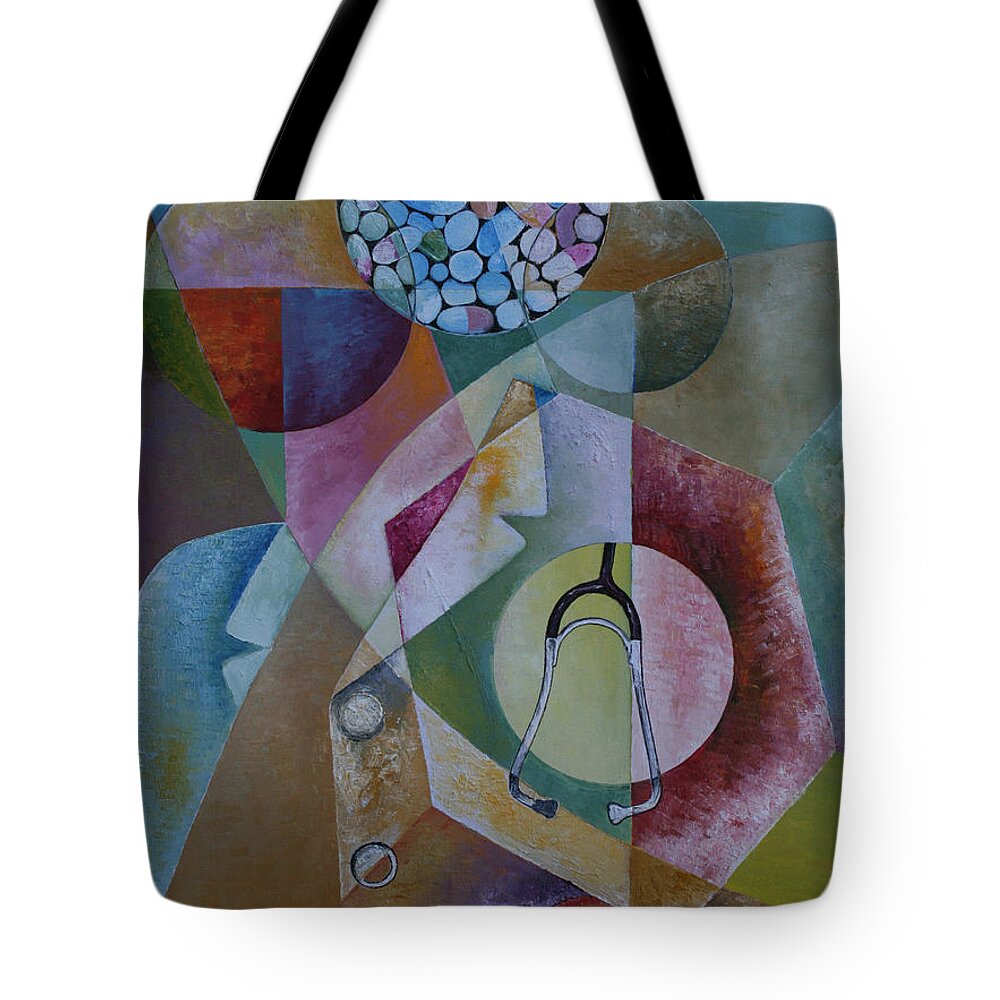 The Art Of Pharmacotherapy Tote Bag featuring the painting The Art of Pharmacotherapy by Obi-Tabot Tabe