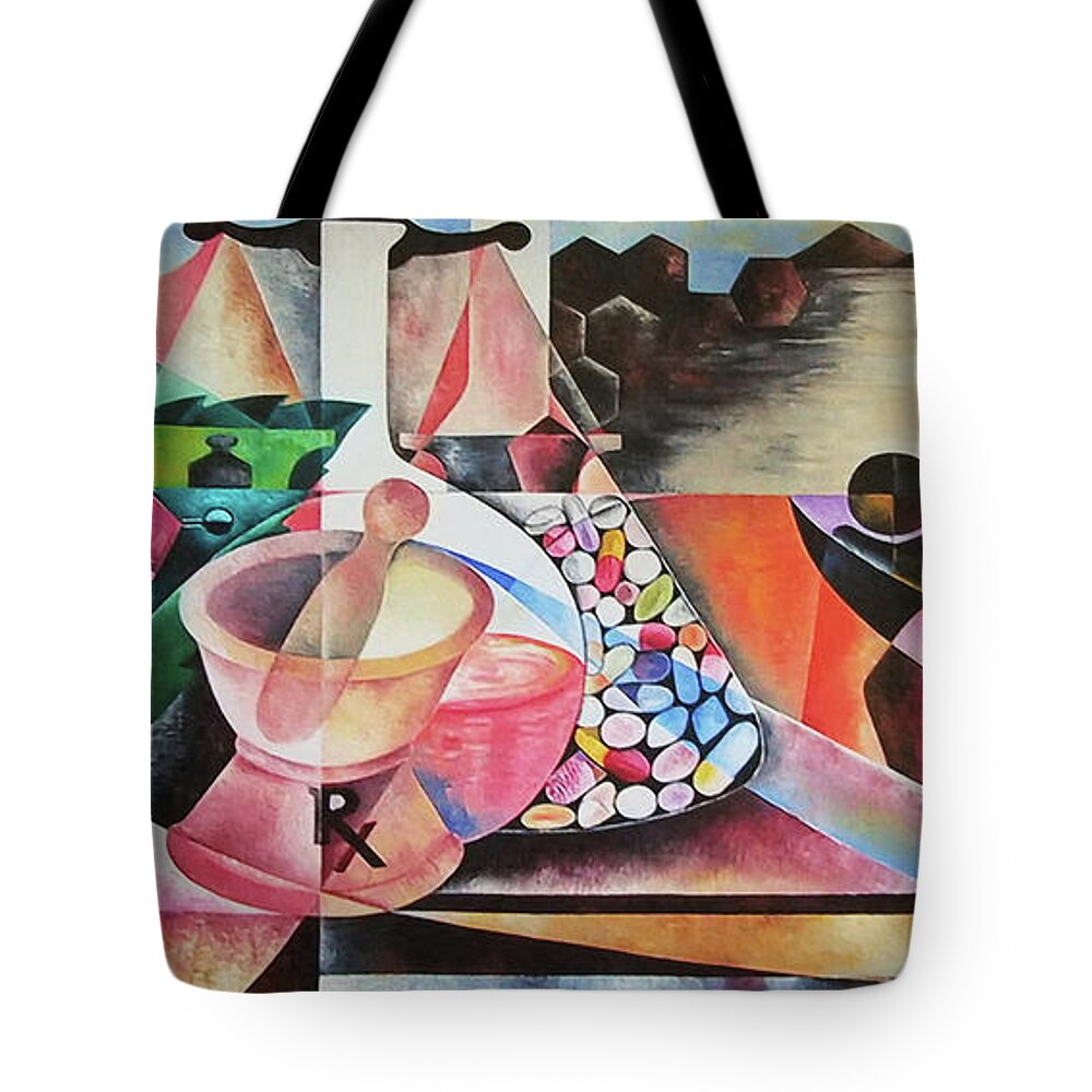 The Art Of Pharmacy Tote Bag featuring the painting The Art of Pharmacy by Obi-Tabot Tabe