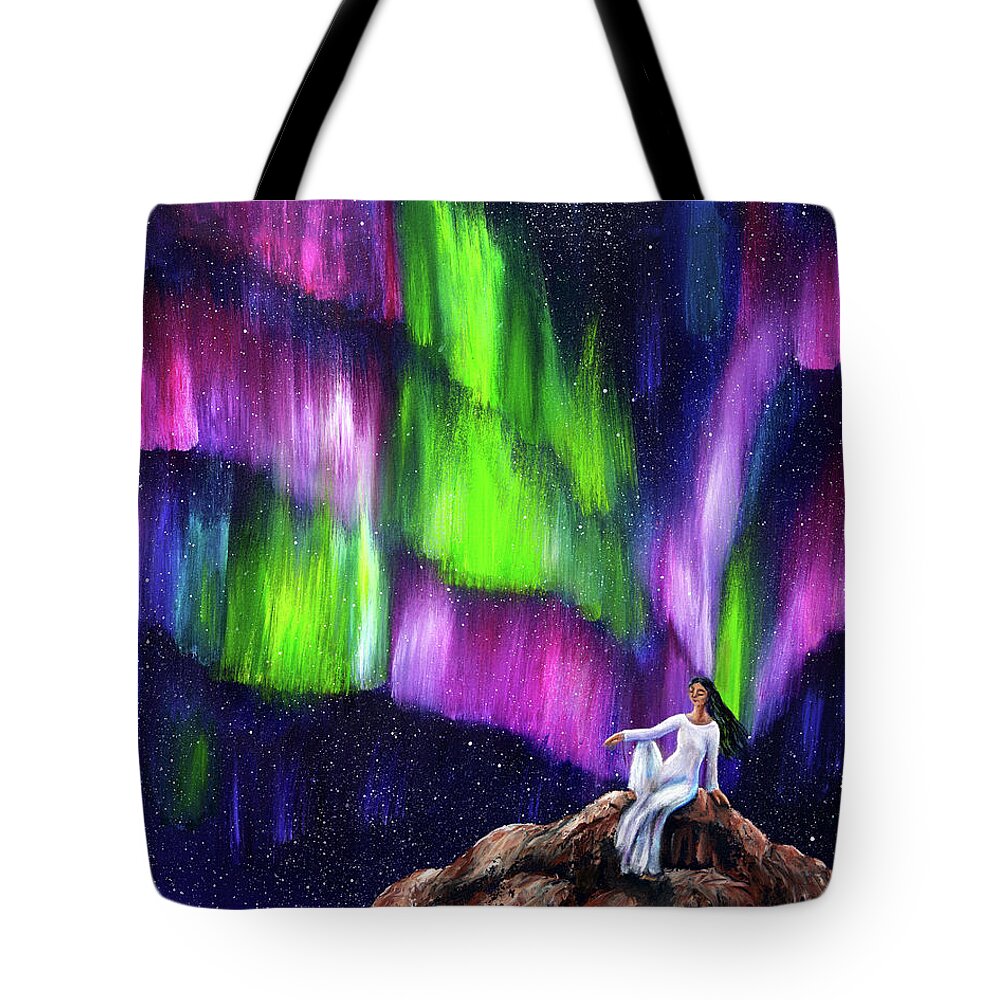 Avalokiteshvara Tote Bag featuring the painting The Aurora of Compassion by Laura Iverson