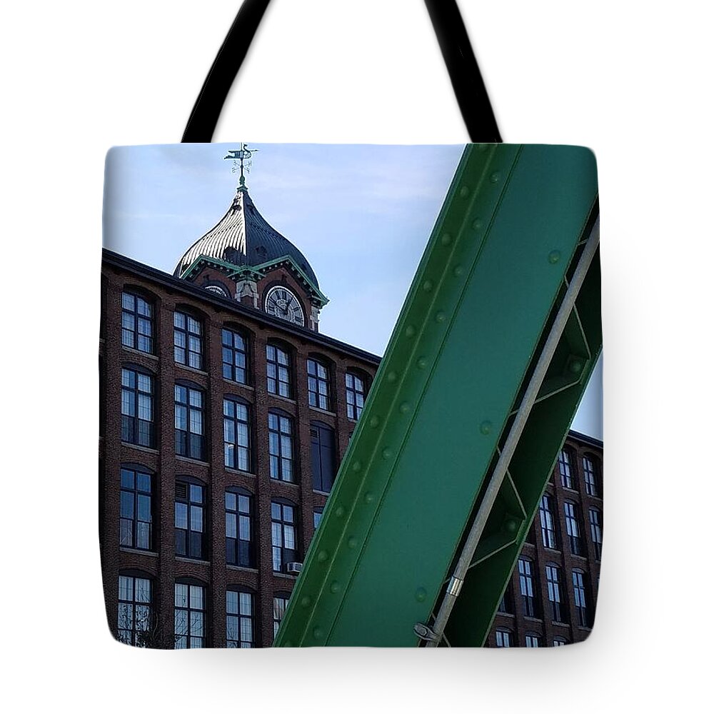 Duck Bridge Tote Bag featuring the photograph The Ayer Mill and Clock Tower by Mary Capriole