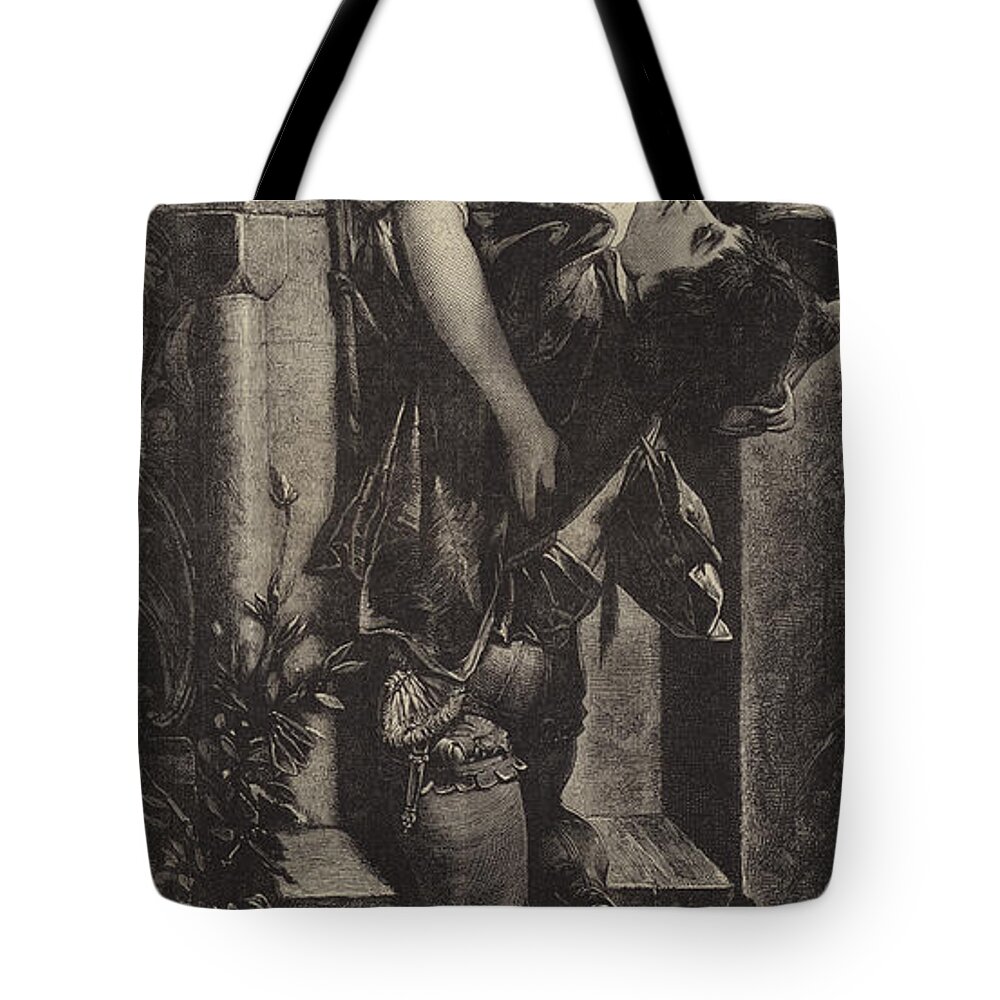 Romeo And Juliet Tote Bag featuring the drawing The Balcony Scene from Romeo and Juliet Act II Scene II by Hans Makart