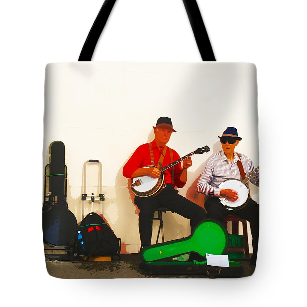 Susan Vineyard Tote Bag featuring the photograph The Banjo Dudes by Susan Vineyard