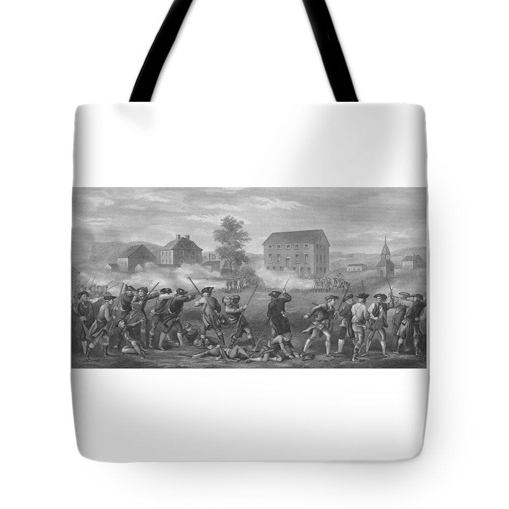 Minutemen Tote Bag featuring the drawing The Battle of Lexington by War Is Hell Store