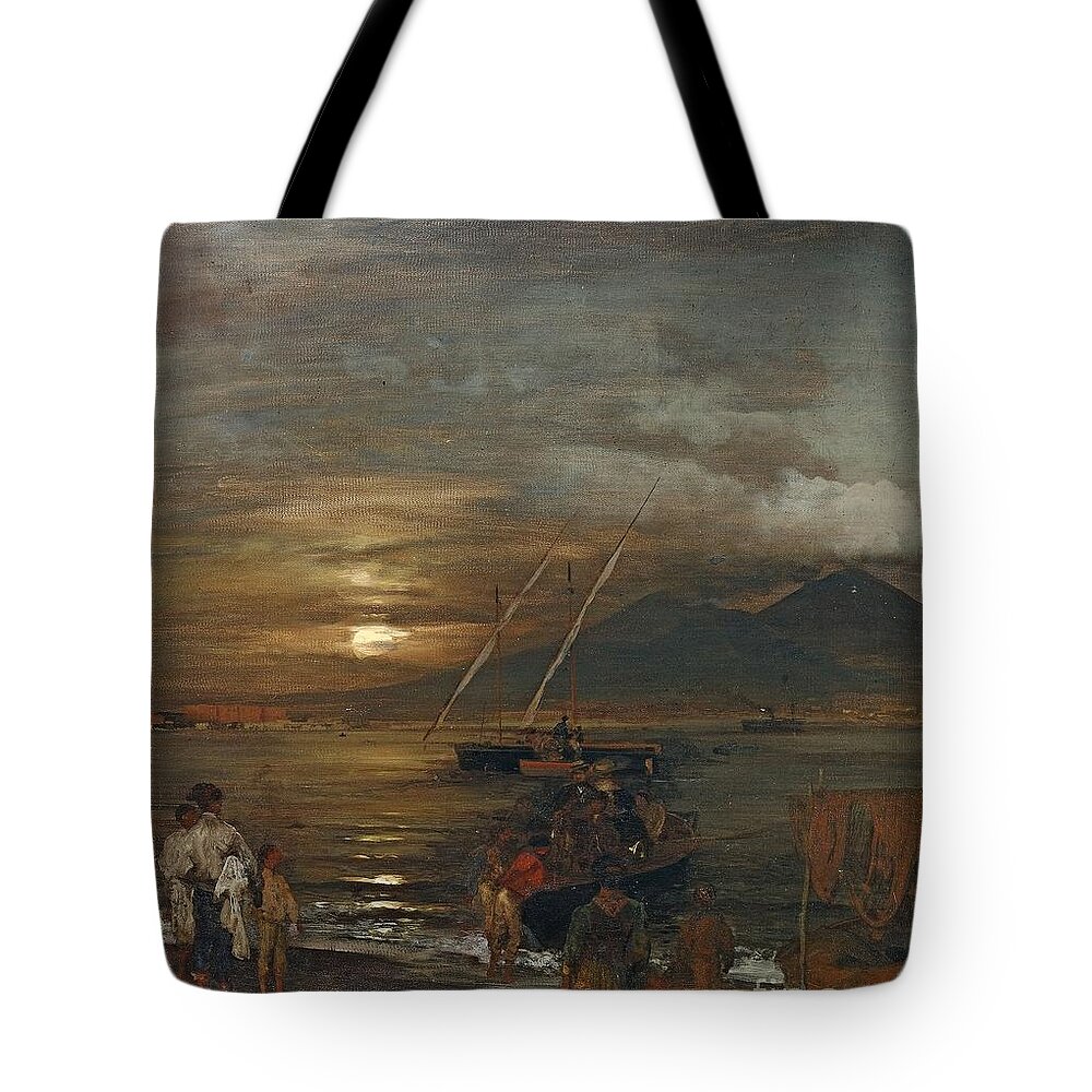 Oswald Achenbach Tote Bag featuring the painting The Bay Of Naples In The Moonlight by MotionAge Designs