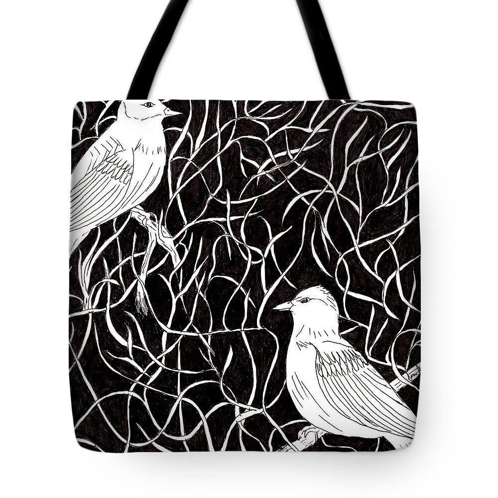 Bird Tote Bag featuring the drawing The Birds by Lou Belcher