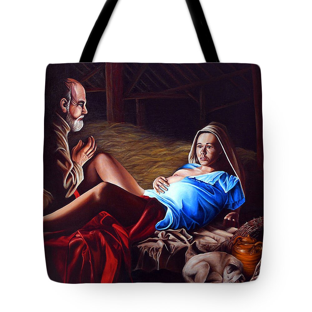 Virgin Mary Tote Bag featuring the painting The Birth by Vic Ritchey