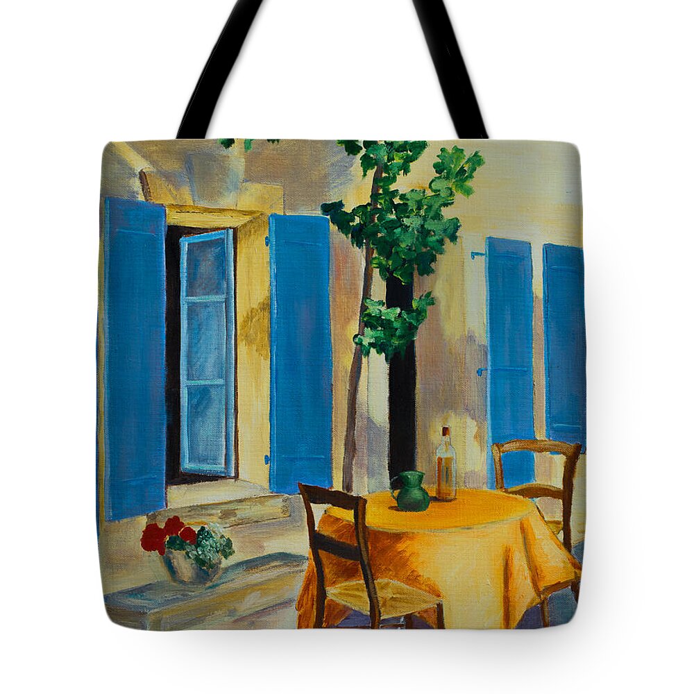 Blue Shutters Tote Bag featuring the painting The Blue Shutters by Elise Palmigiani