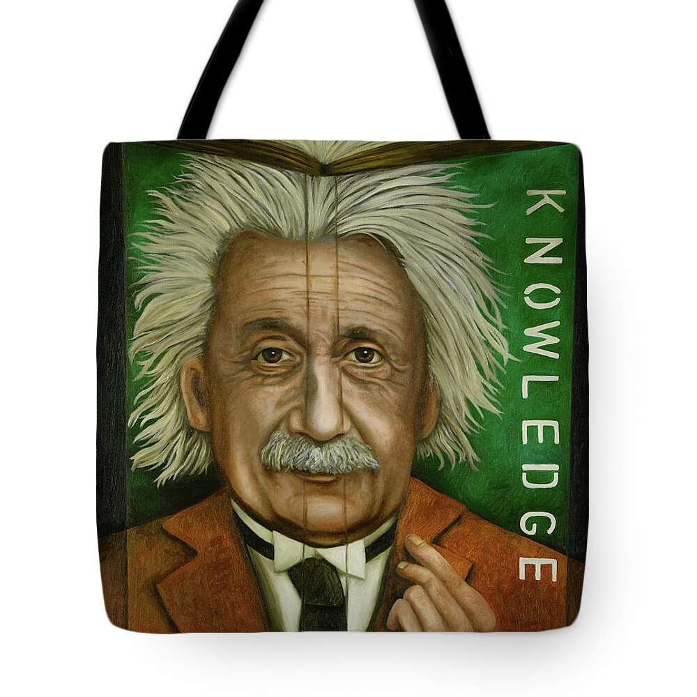 Einstein Tote Bag featuring the painting The Book Of Knowledge by Leah Saulnier The Painting Maniac