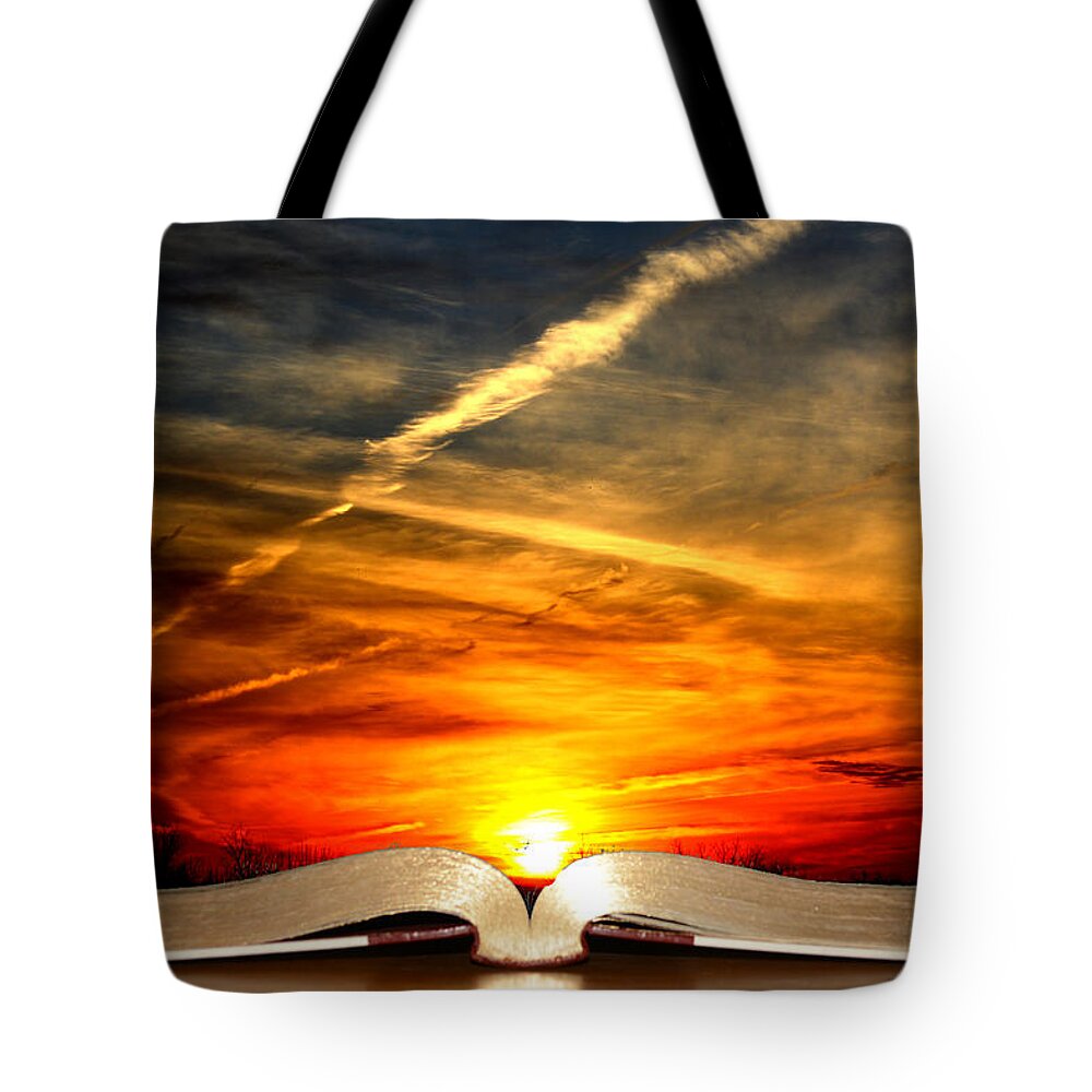 Book Tote Bag featuring the photograph The book of life under an amazing skyline by Reva Steenbergen