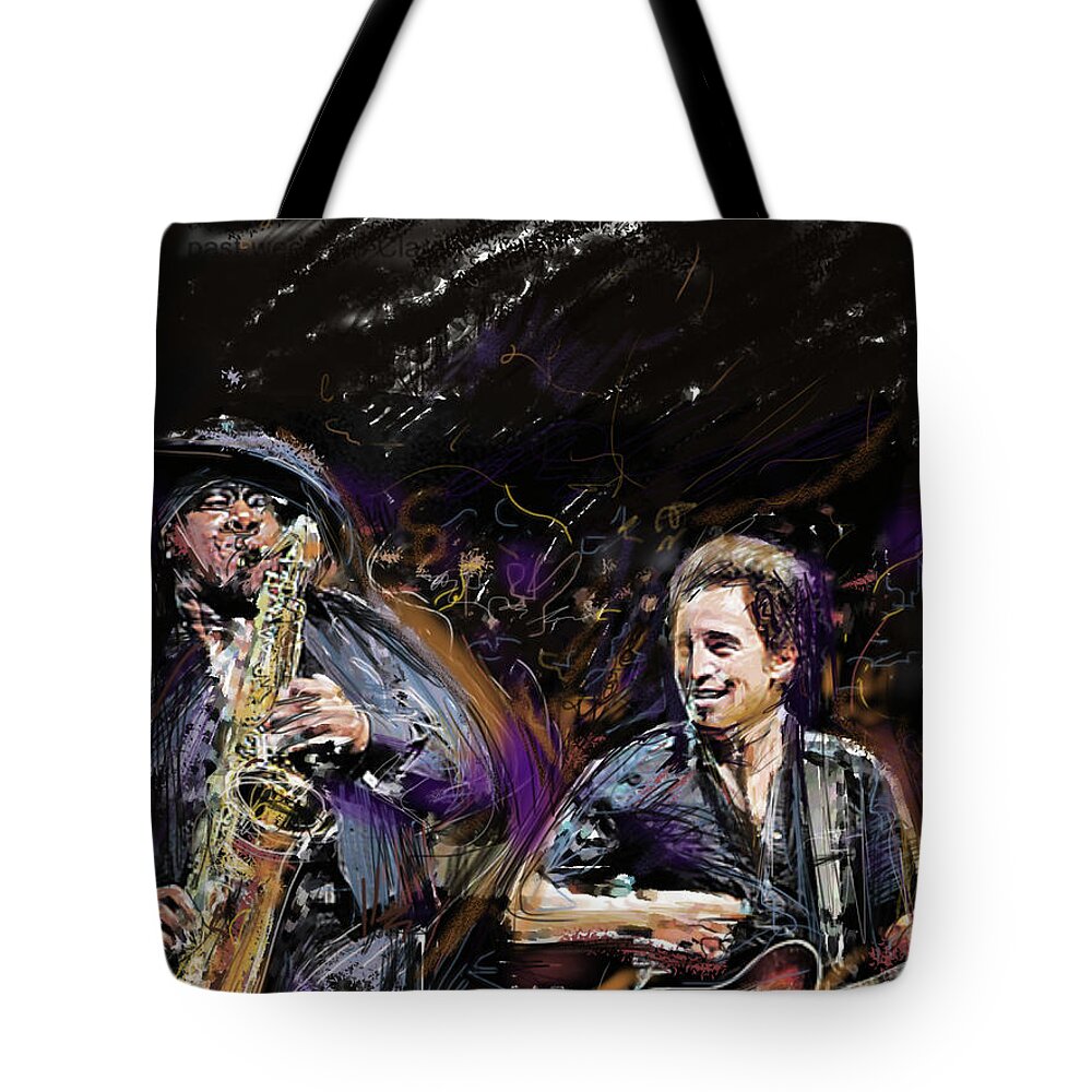 Bruce Springsteen Tote Bag featuring the mixed media The Boss and the Big Man by Russell Pierce