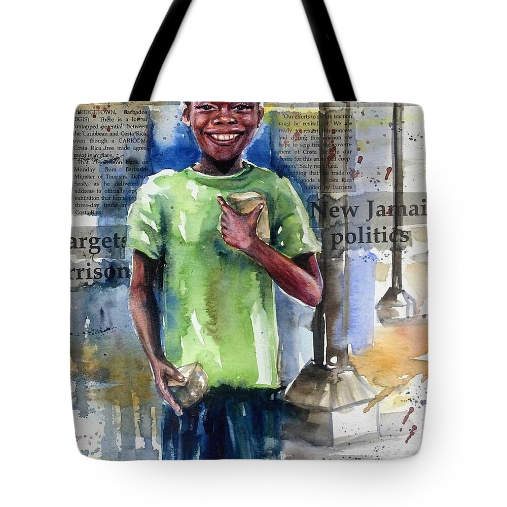 Boy Tote Bag featuring the painting The boy who sells peanuts by Katerina Kovatcheva
