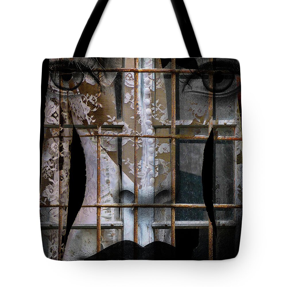 Collage Tote Bag featuring the digital art The bride behind the old window by Gabi Hampe