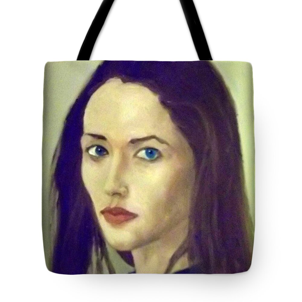Young Tote Bag featuring the painting The Brunette With Blue Eyes by Peter Gartner